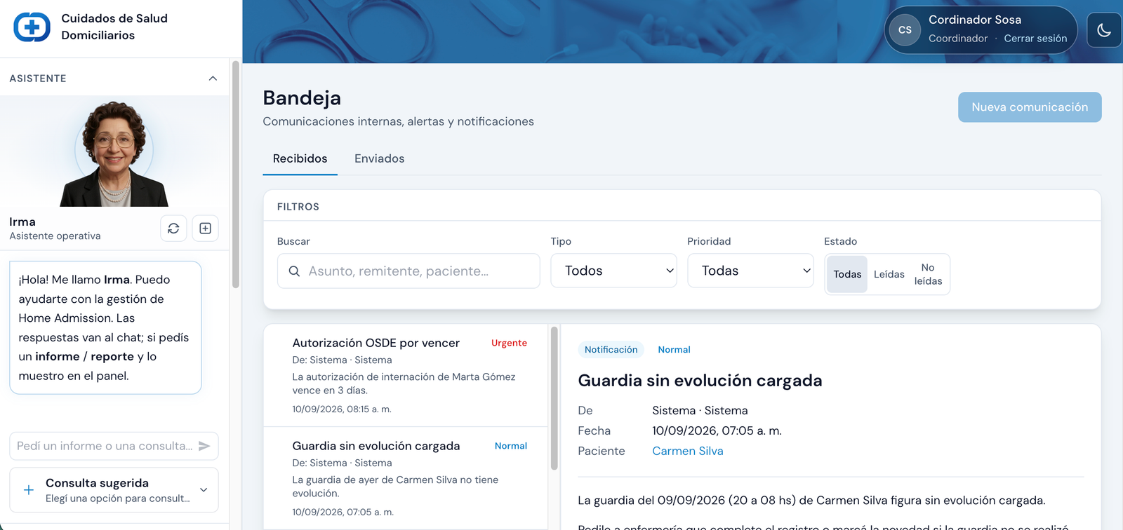Panel de alertas y pendientes que requieren acción