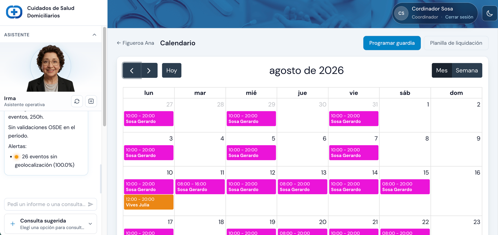 Calendario de guardias y visitas programadas