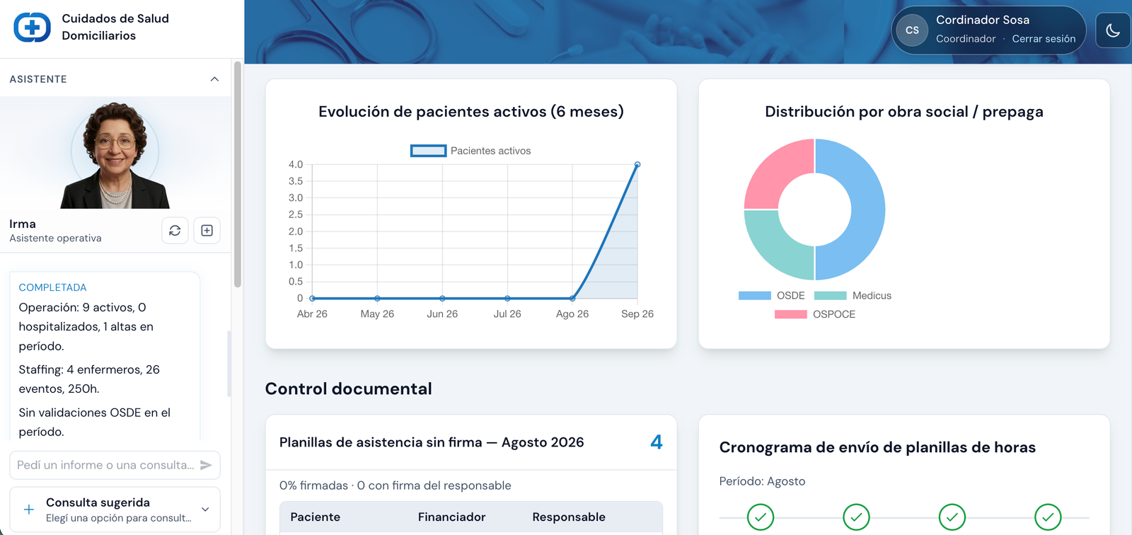Panel de chat con Irma mostrando resumen del día y priorización sugerida